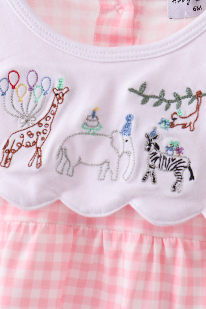 Pink Gingham Animal Embroidered Bubble