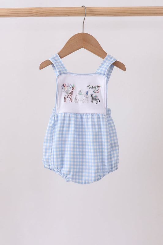 Blue Gingham Animal Embroidered Bubble