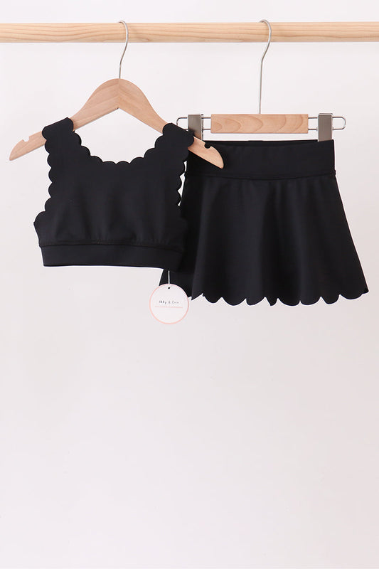 Black Scalloped Yoga Skorts Set