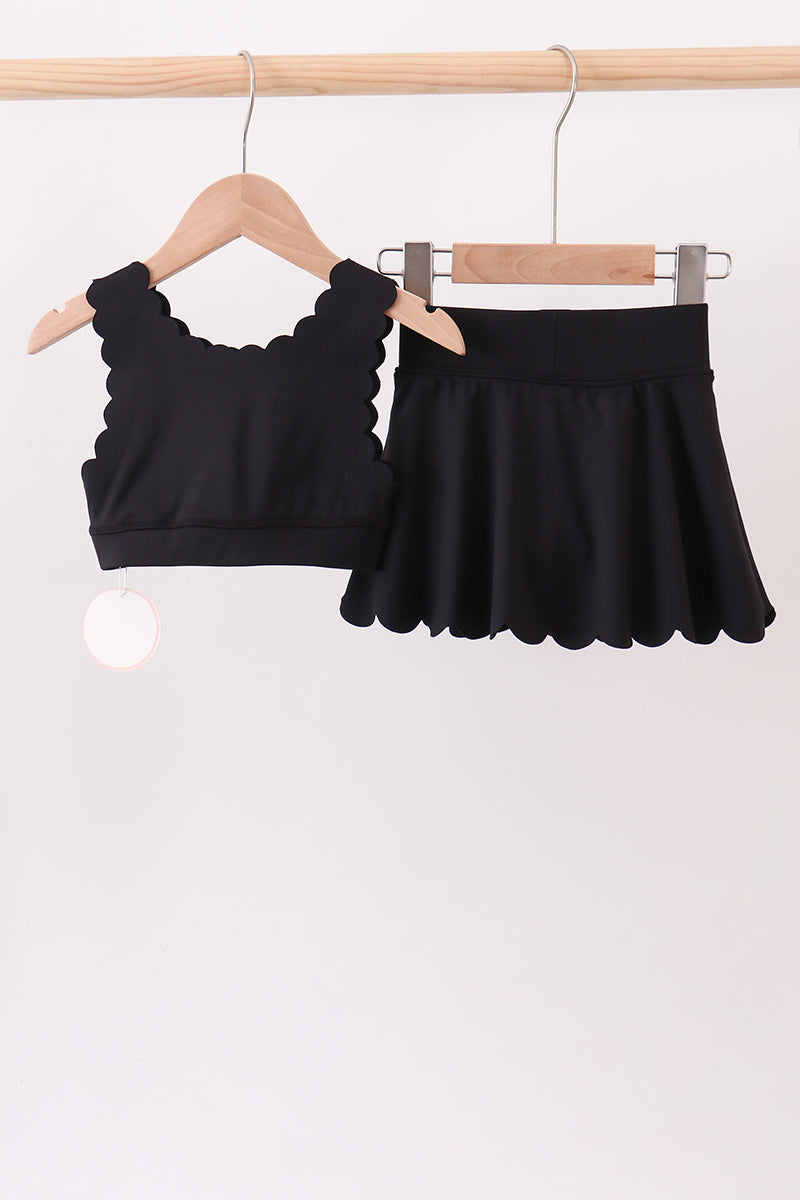 Black Scalloped Yoga Skorts Set