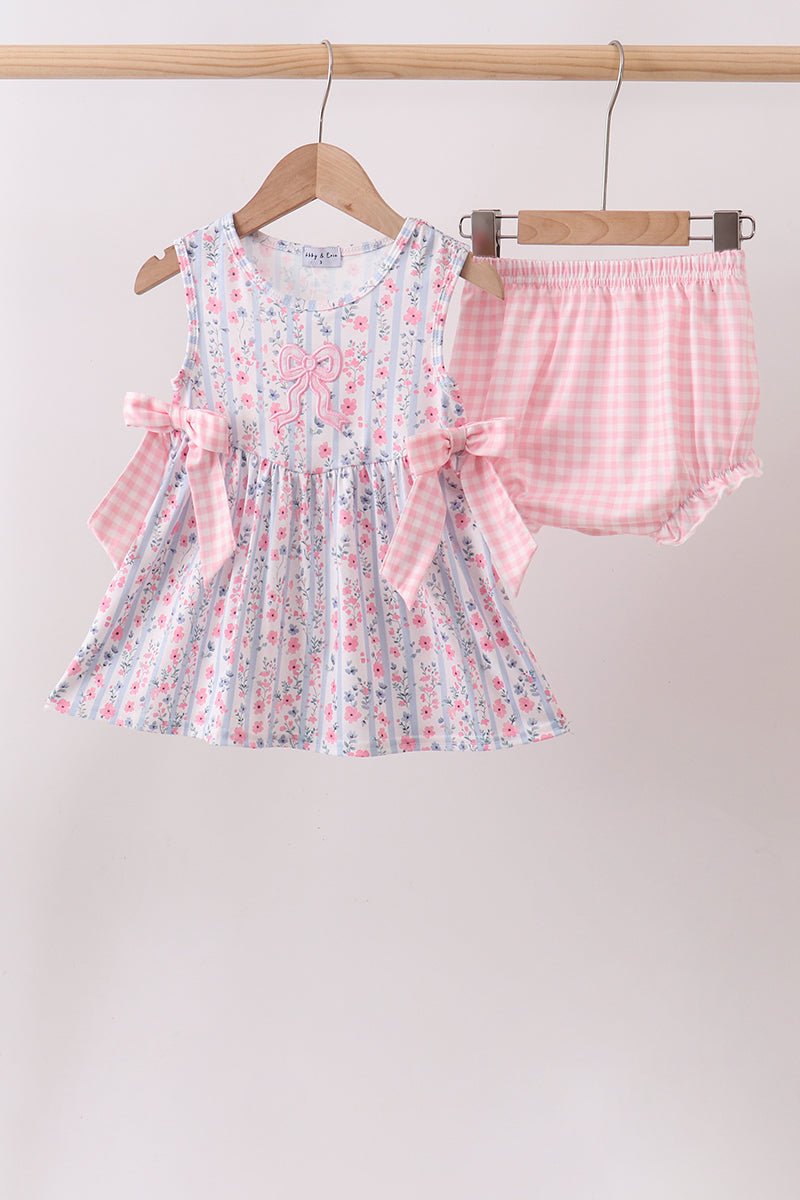 Pink Floral Applique Bow Bloomer Set
