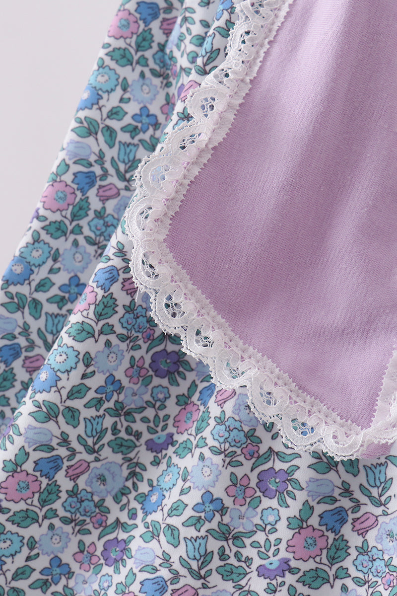 Purple floral print bow ruffle dress