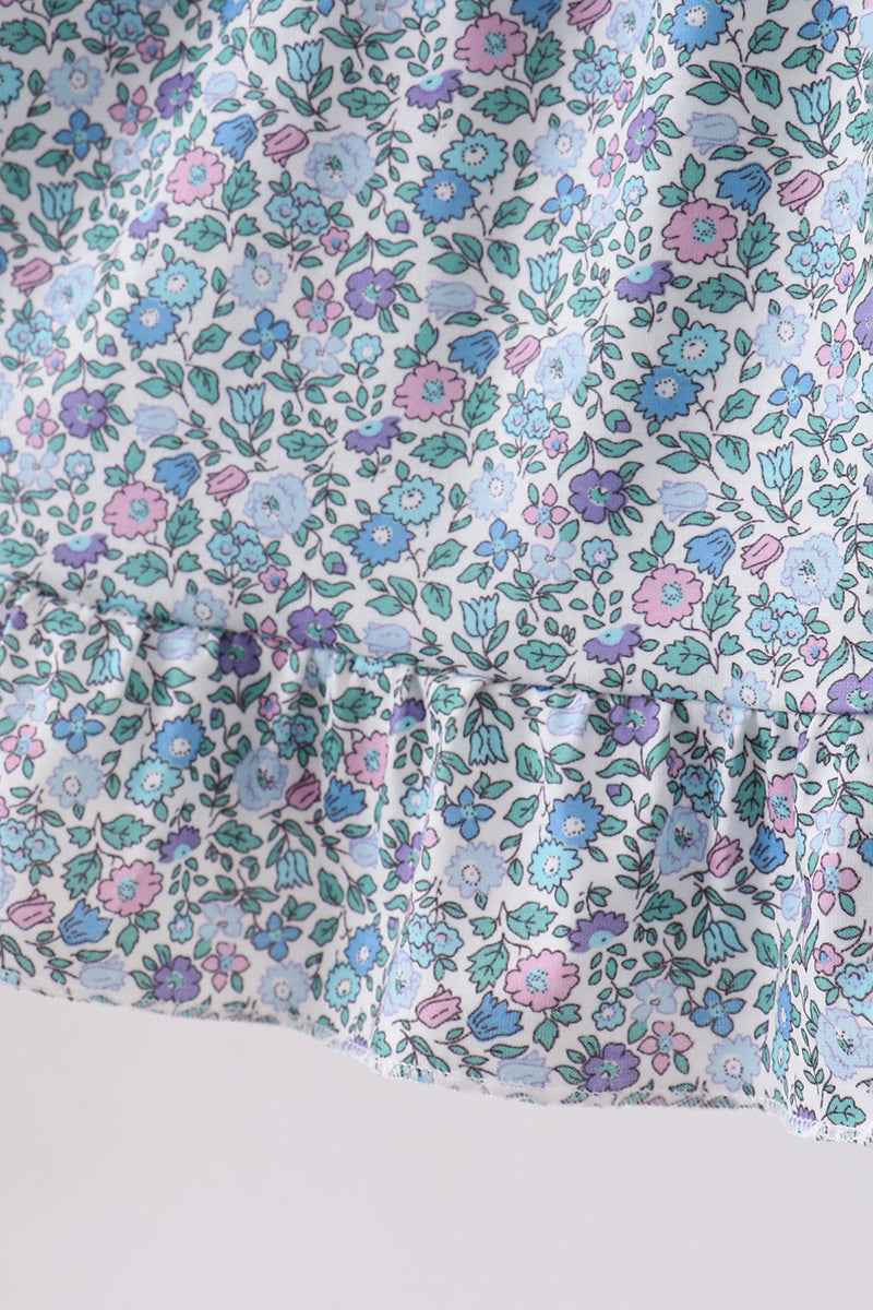 Purple floral print bow ruffle dress