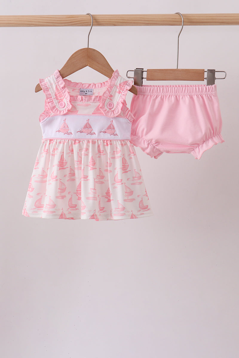 Pink Sailboat Embroidered Bloomer Set