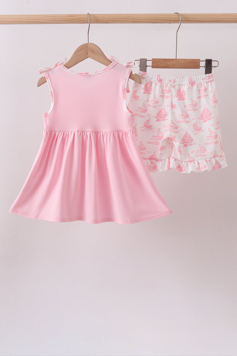 Pink Sailboat Embroidered Set