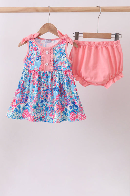 Pink tropical floral print ruffle bow bloomer set