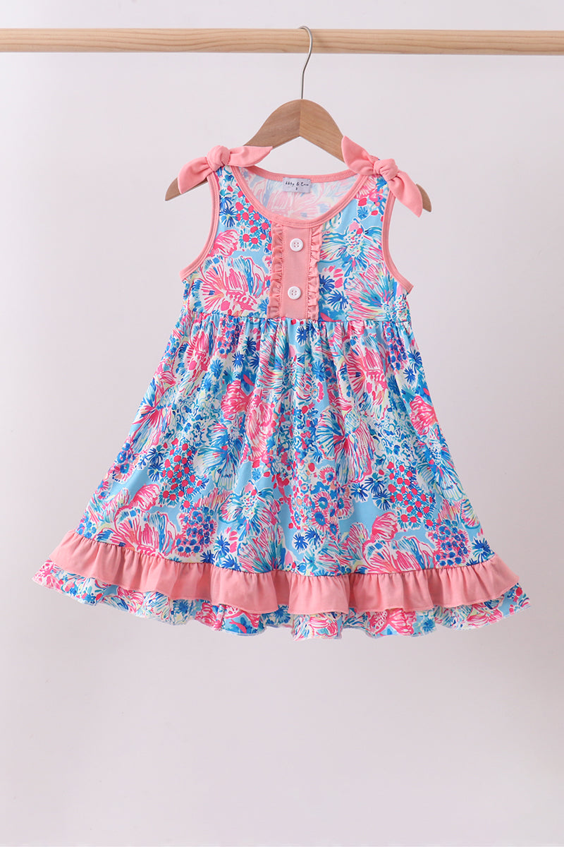 Pink tropical floral print ruffle dress