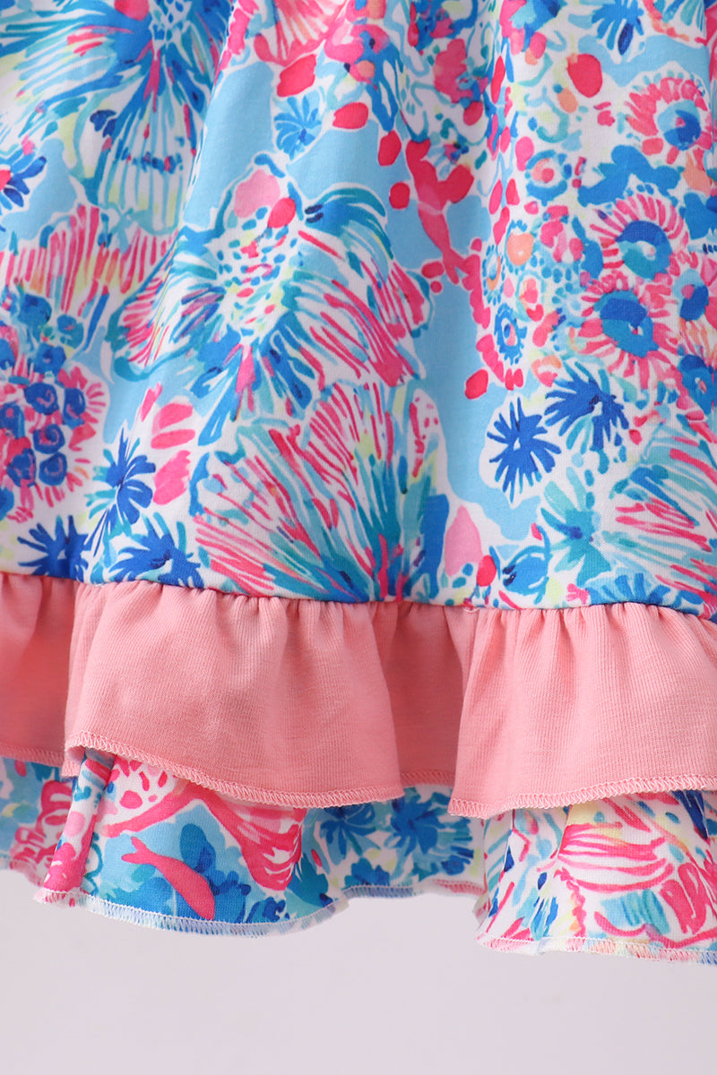 Pink tropical floral print ruffle dress