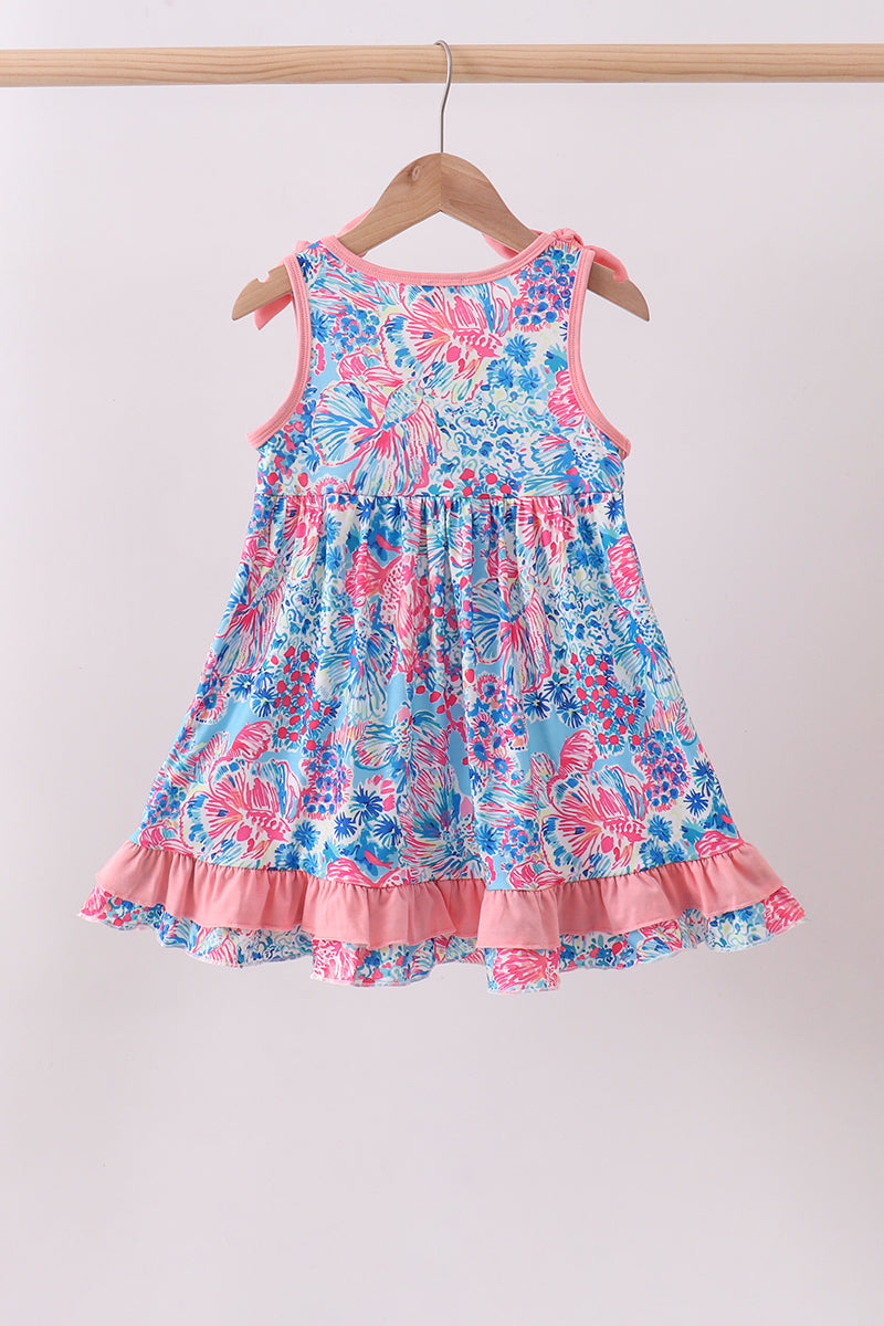 Pink tropical floral print ruffle dress