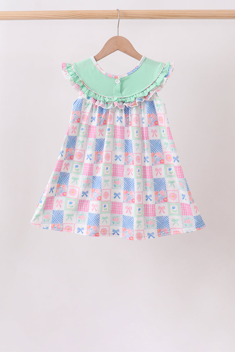 Green Bow Embroidered Checkered Dress
