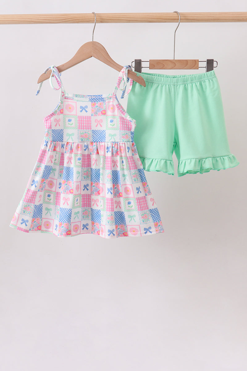 Green Bow Checkered Ruffle Shorts Set