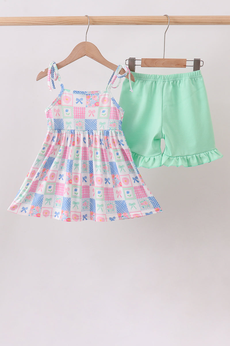 Green Bow Checkered Ruffle Shorts Set