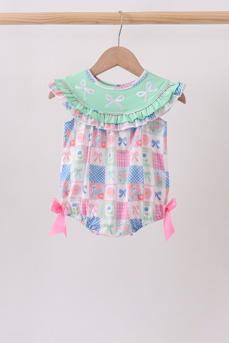 Green Bow Embroidered Checkered Bubble