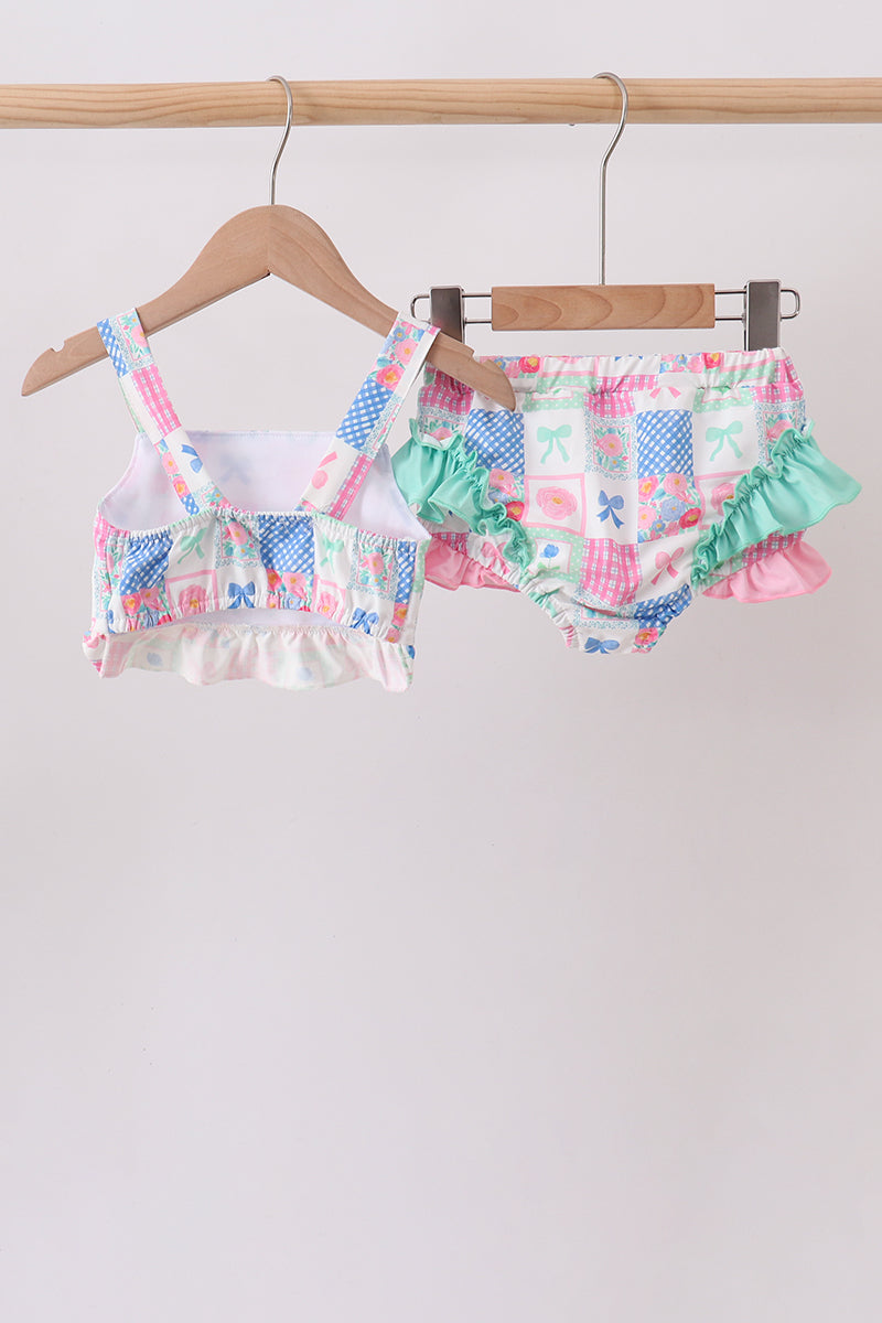 Green Bow Checkered Ruffle 2pc Swimsuit