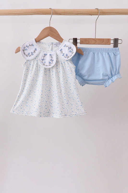 Blue Floral Embroidered Bloomer Set