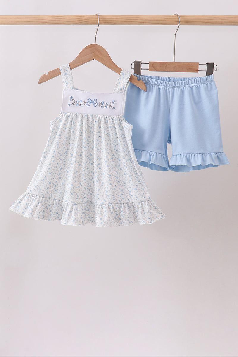 Blue Floral Embroidered Ruffle Shorts Set