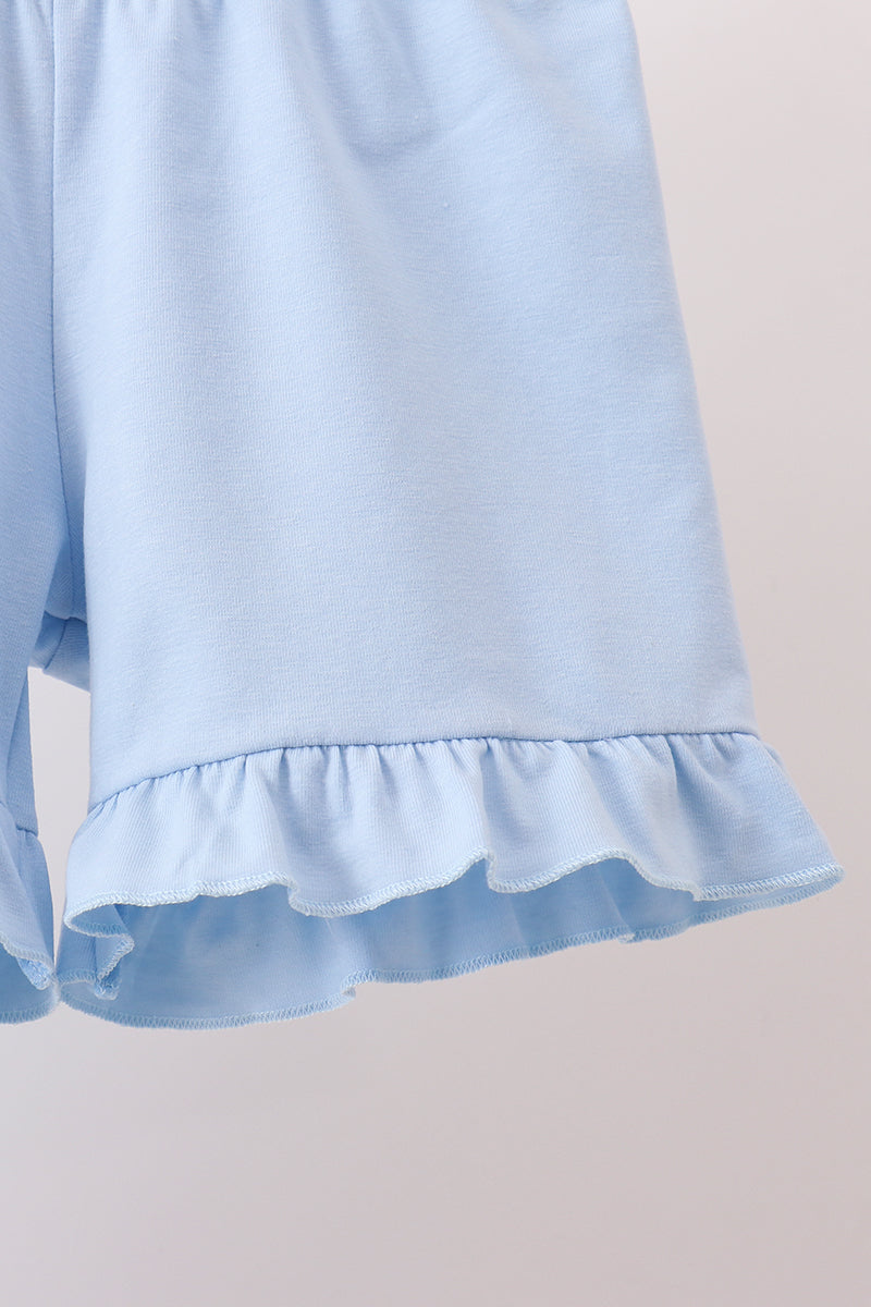 Blue Floral Embroidered Ruffle Shorts Set