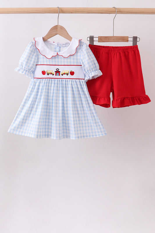 Blue School Bus Smocked Ruffle Shorts Set