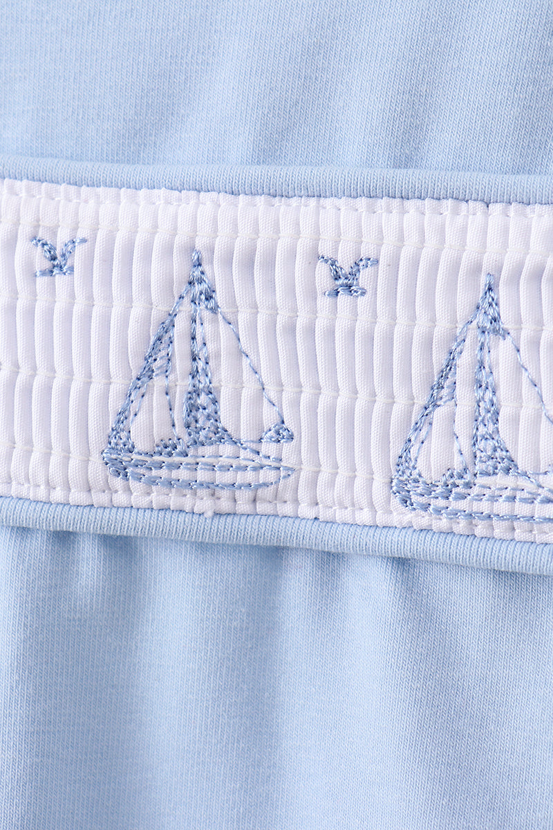 Blue Sailboat Smocked Scalloped Bloomer Set