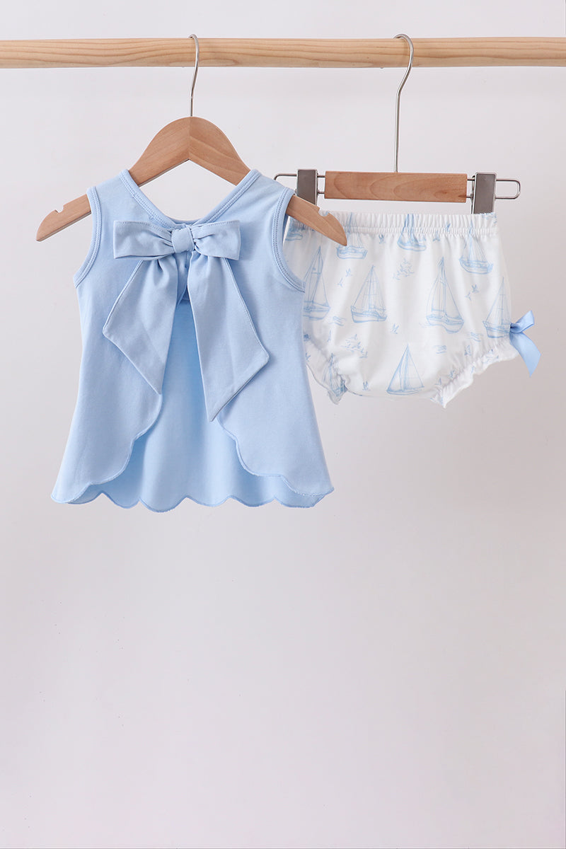 Blue Sailboat Smocked Scalloped Bloomer Set
