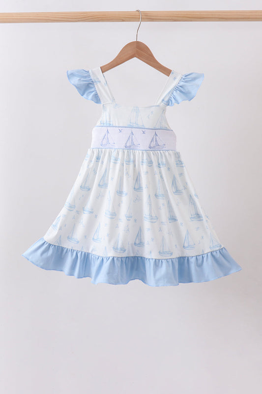 Blue Sailboat Smocked Ruffle Dress