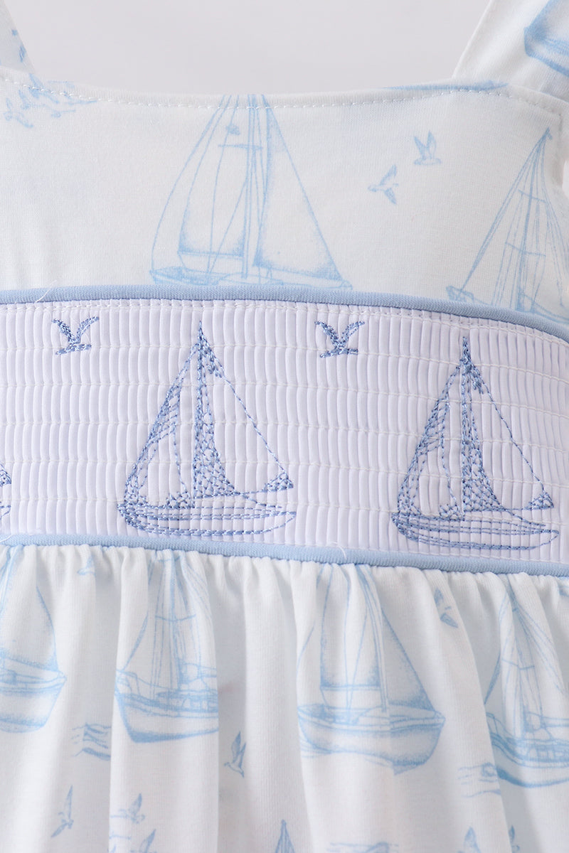 Blue Sailboat Smocked Ruffle Dress
