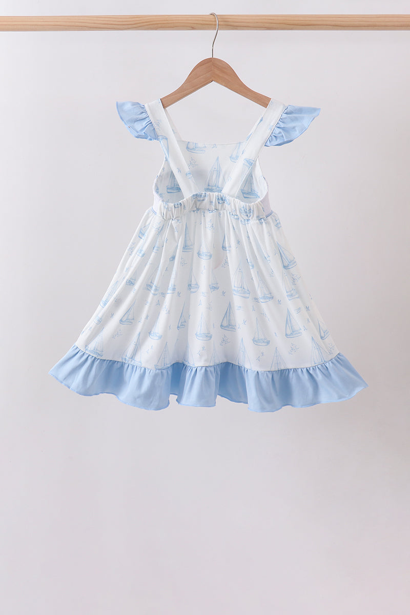 Blue Sailboat Smocked Ruffle Dress