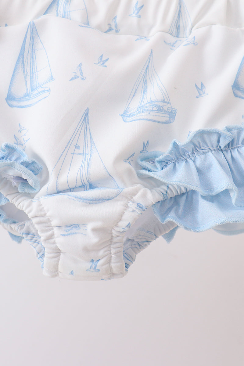 Blue Sailboat Smocked 2PC Swimsuit