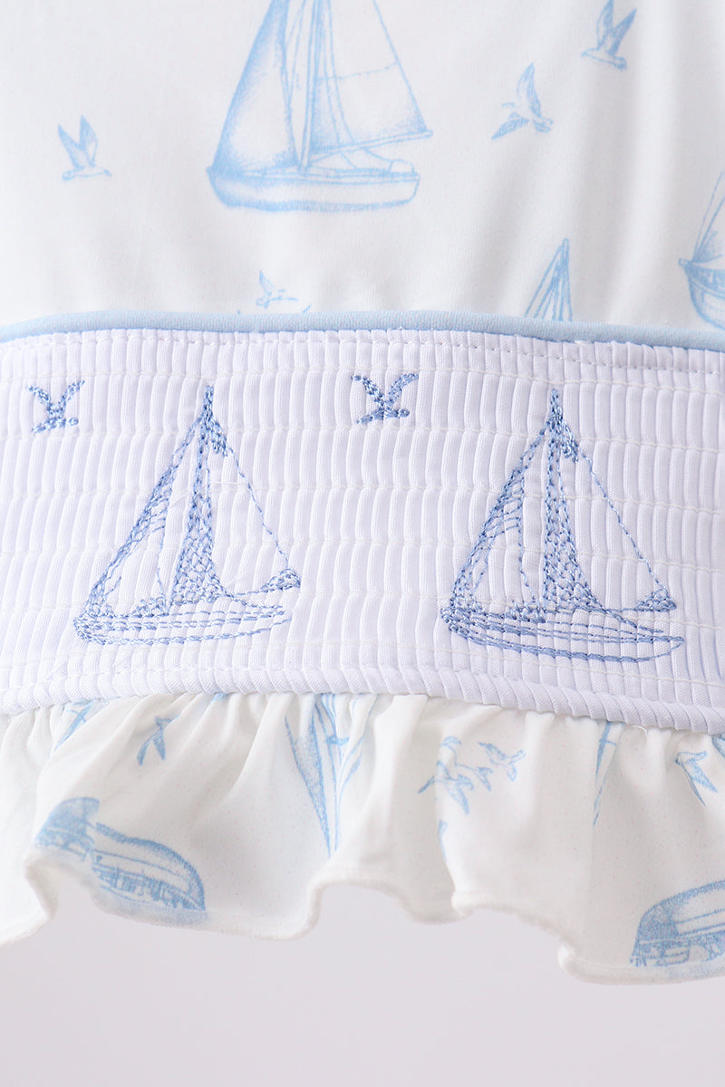 Blue Sailboat Smocked 2PC Swimsuit