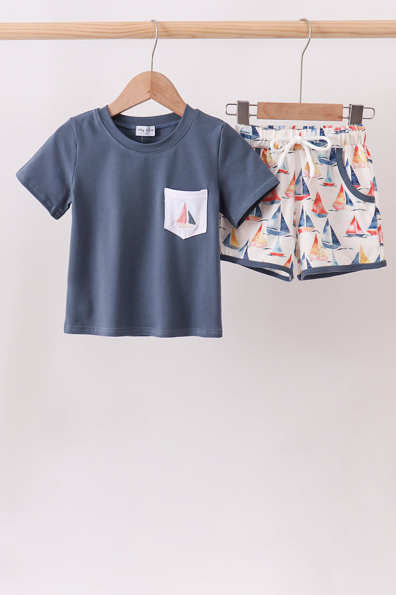 Blue Sailboat Print Shorts Set