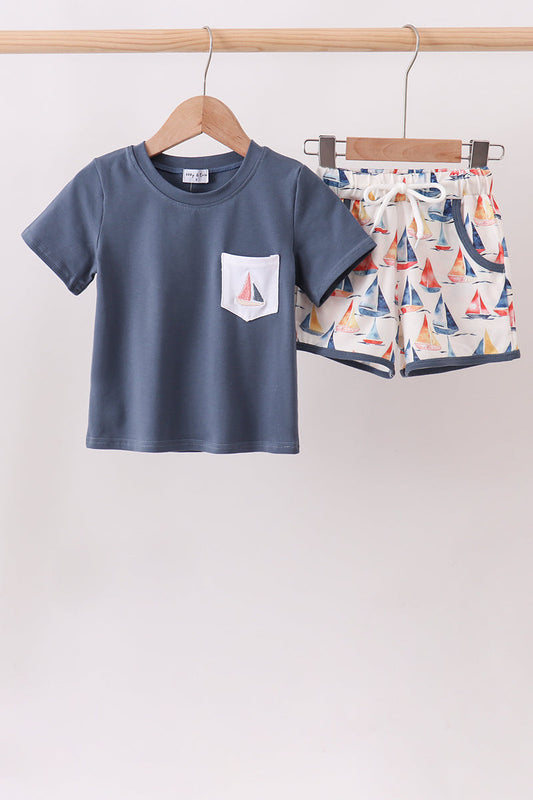 Blue Sailboat Print Shorts Set