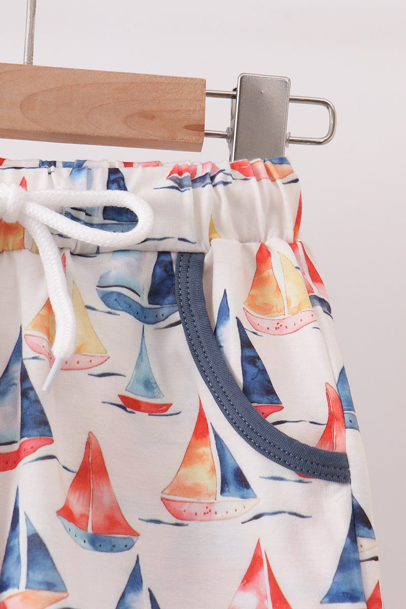 Blue Sailboat Print Shorts Set