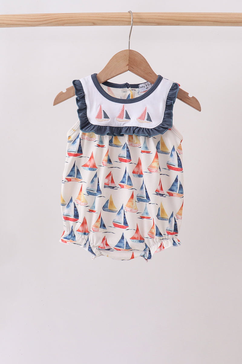 Blue Sailboat Embroidered Ruffle Bubble