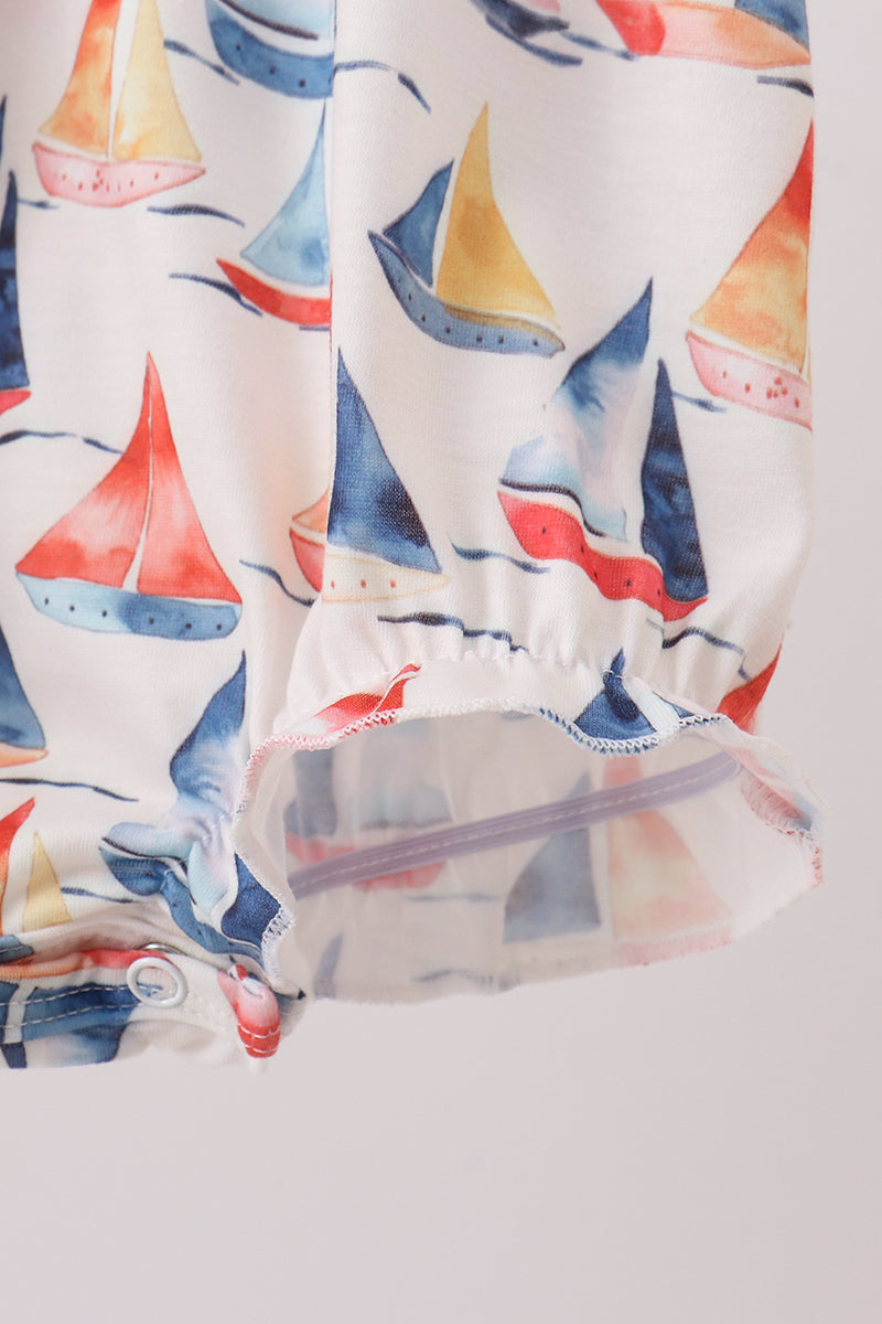 Blue Sailboat Embroidered Ruffle Bubble