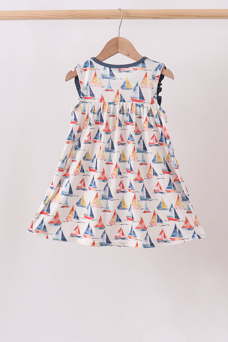 Blue Sailboat Embroidered Dress