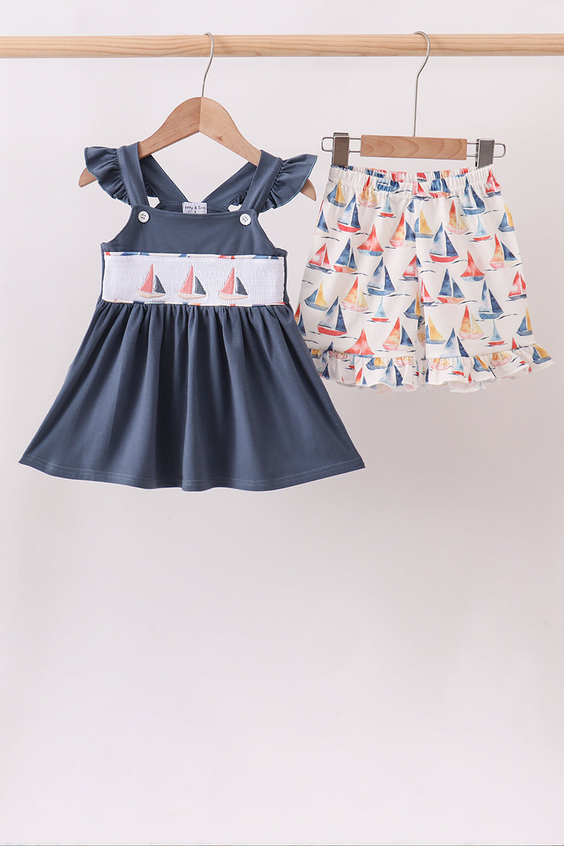 Blue Sailboat Smocked Ruffle Shorts Set