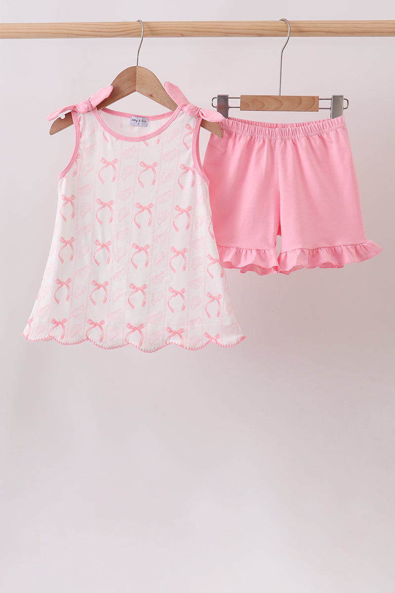 Pink Bow Print Ruffle Shorts Set