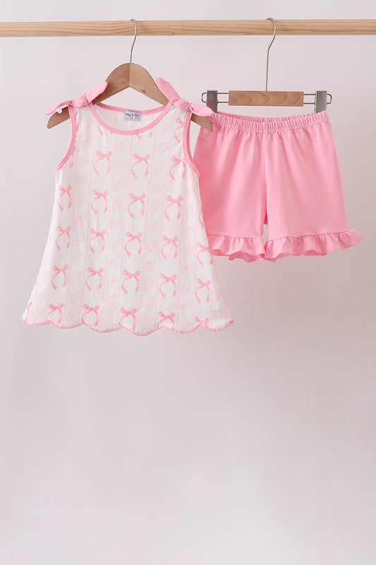 Pink Bow Print Ruffle Shorts Set