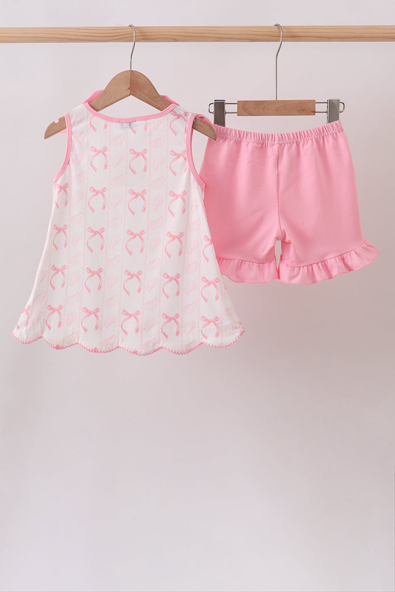 Pink Bow Print Ruffle Shorts Set