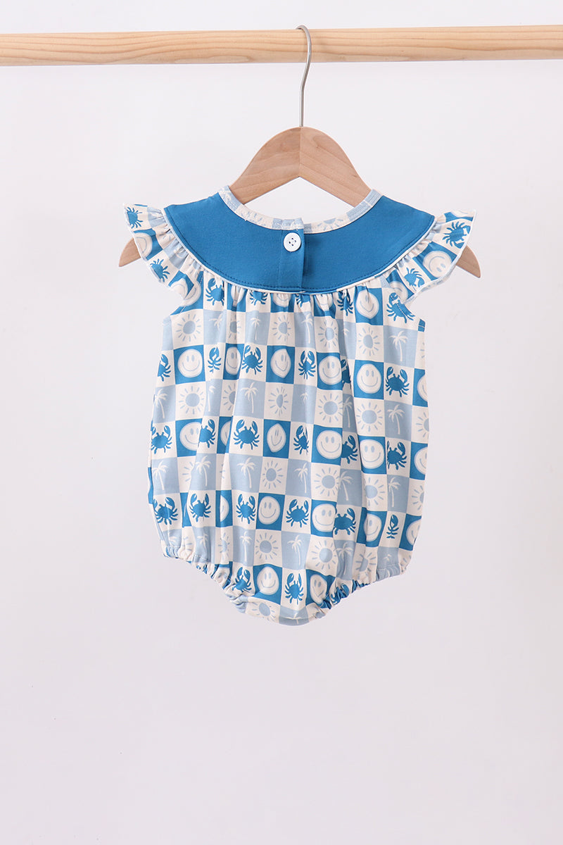 Blue Crab Embroidered Checkered Ruffle Bubble