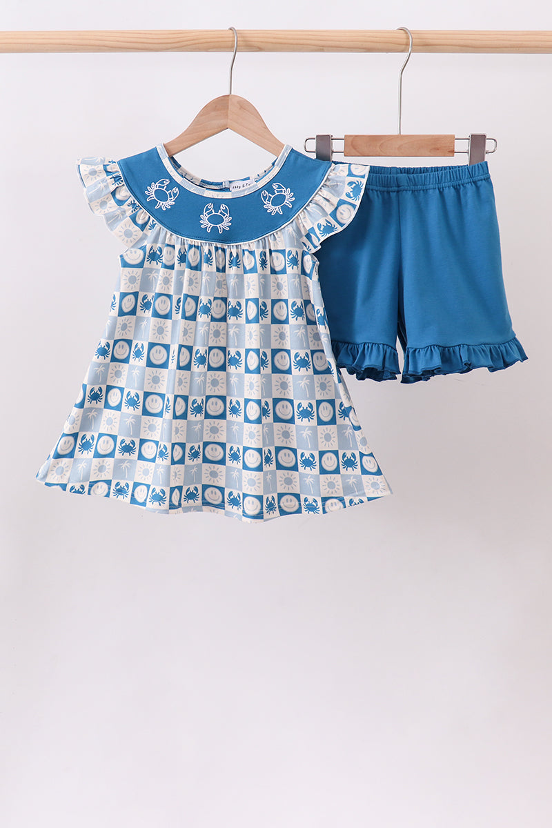 Blue Crab Embroidered Checkered Ruffle Shorts Set