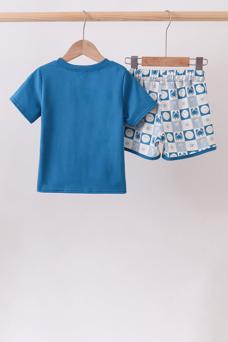 Blue Crab Embroidered Checkered Shorts Set