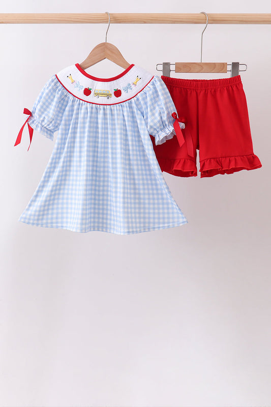 Blue School Bus Smocked Gingham Ruffle Shorts Set