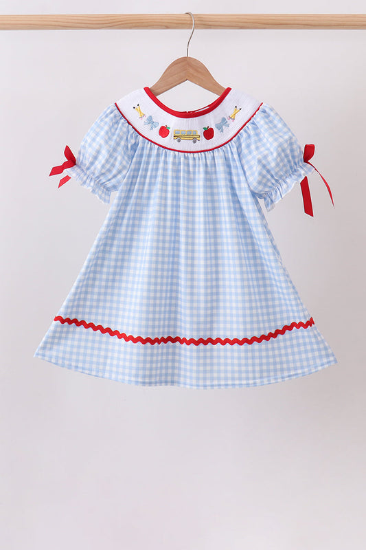 Blue School Bus Smocked Gingham Dress