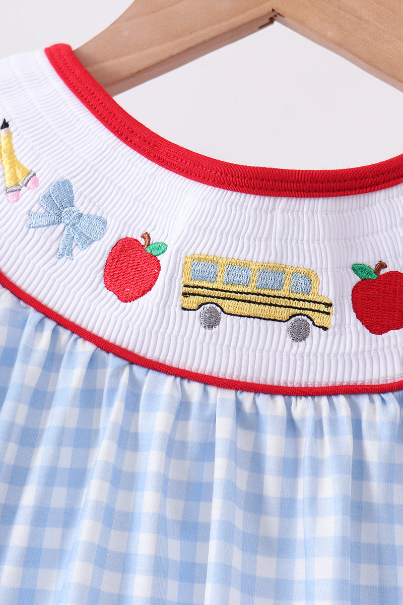Blue School Bus Smocked Gingham Dress