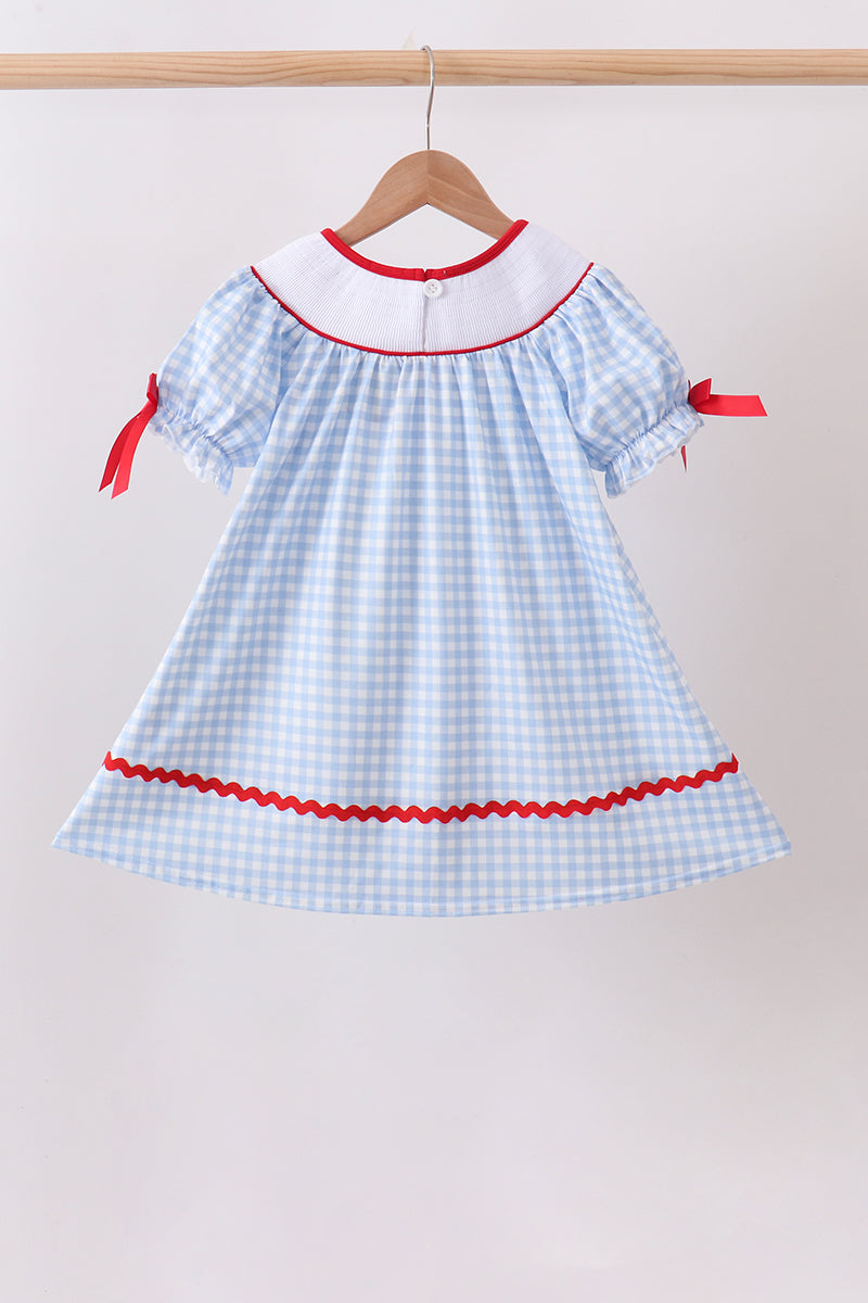 Blue School Bus Smocked Gingham Dress