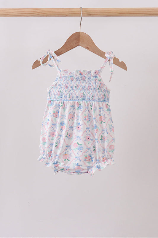 Blue Floral Smocked Bubble