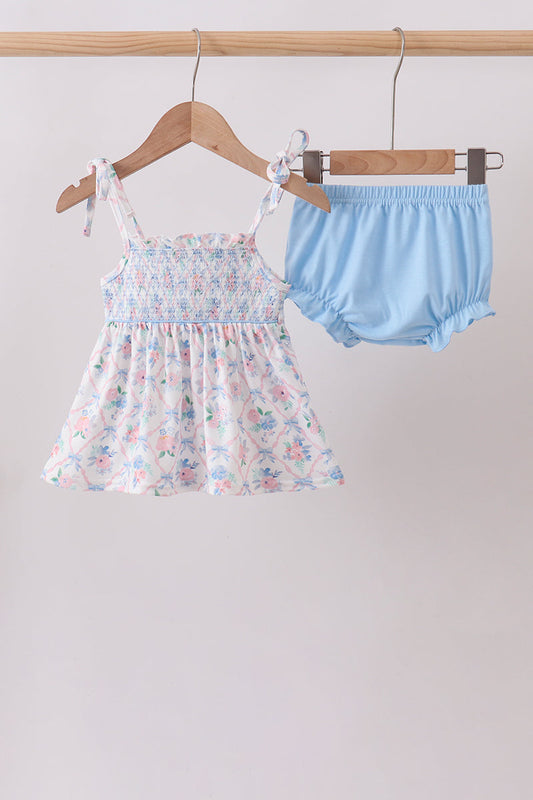 Blue Floral Smocked Bloomer Set