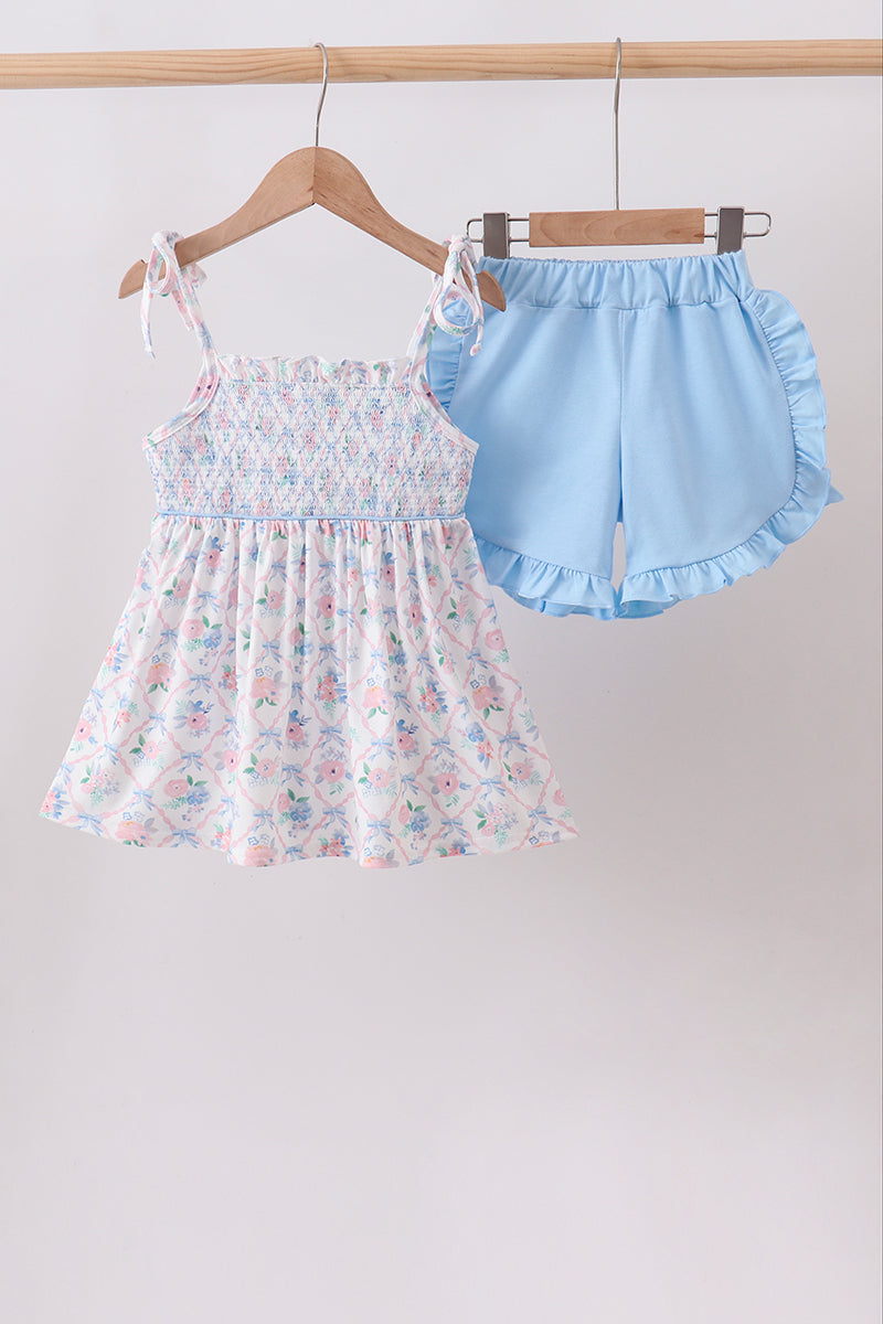 Blue Floral Smocked Ruffle Shorts Set