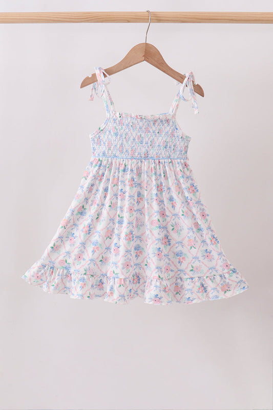Blue Floral Smocked Ruffle Dress